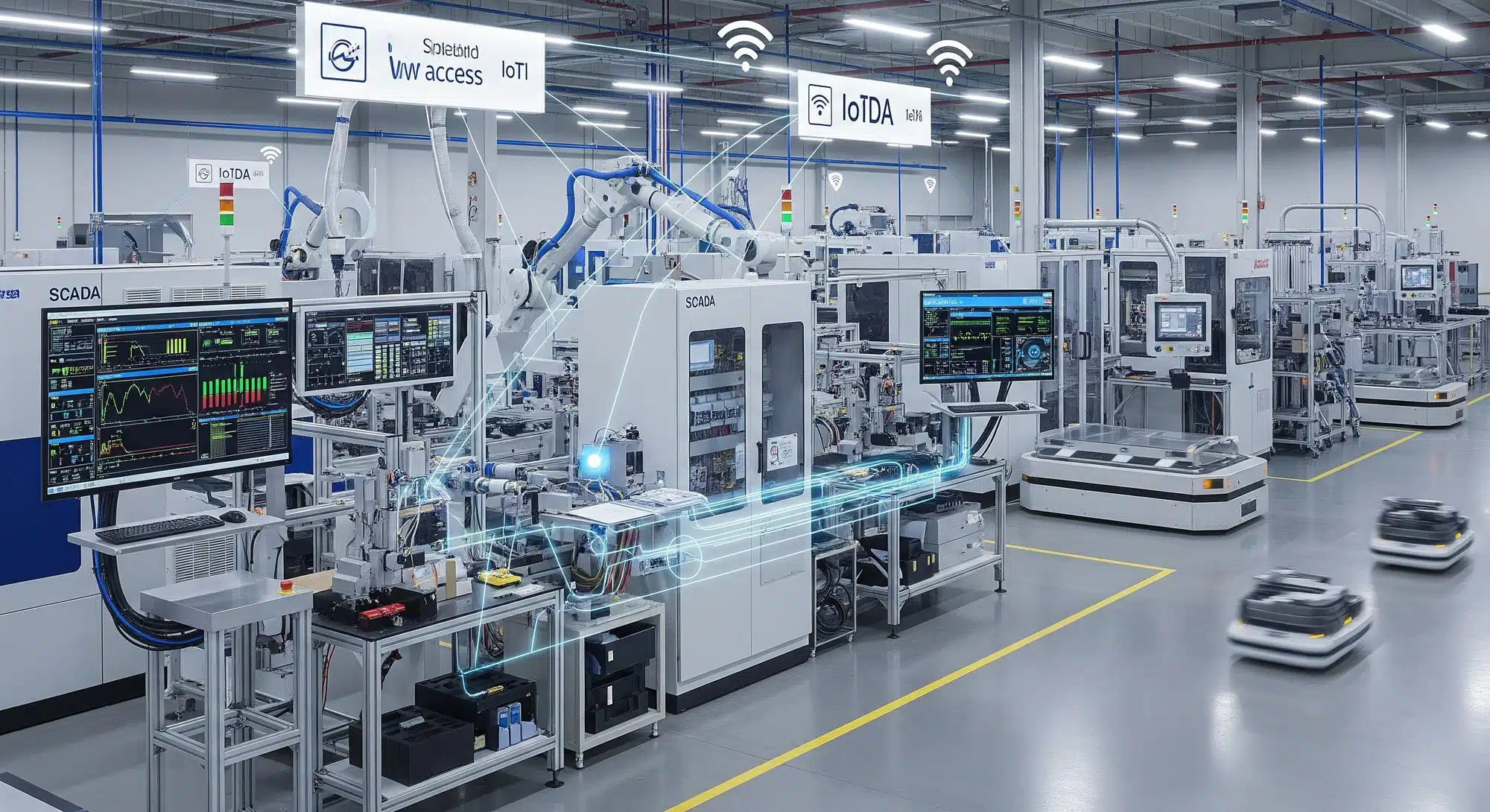 Industrial automation facility with SCADA-connected machinery and sensors in a modern factory