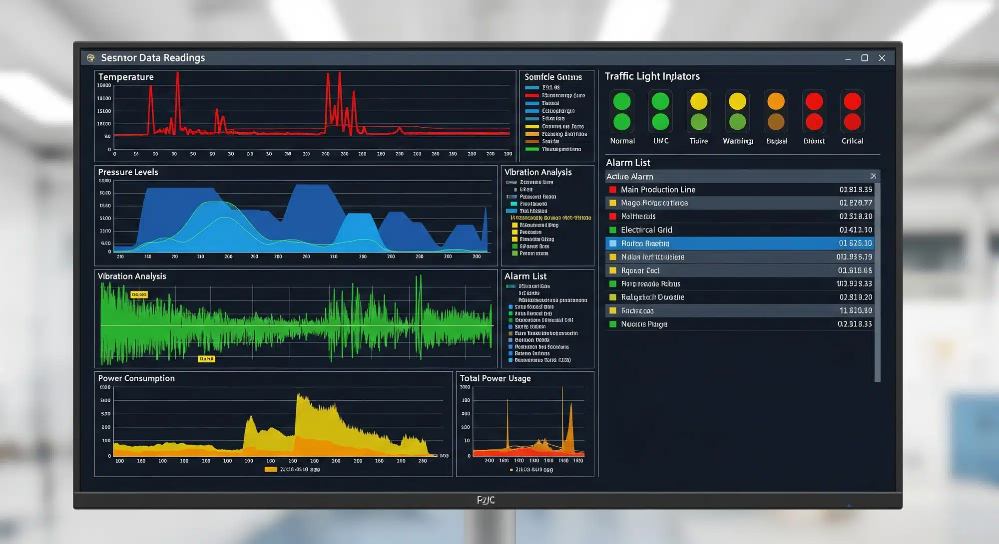 SCADA system interface displaying real-time industrial sensor data and equipment monitoring dashboards
