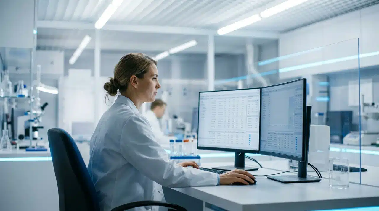 The Deep Intelligence Revolution: How Automated Compliance Accelerates the Future of Longevity A female scientist in a lab coat with her hair in a bun, sitting at a desk in a modern laboratory and looking intently at two computer monitors displaying charts and data. Another scientist is blurred in the background. The lab appears well-equipped with scientific instruments and glassware.