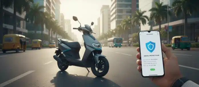 scooter-insurance-online-commuter-app A modern scooter parked on an Indian city street with a smartphone in the foreground showing an insurance policy app.