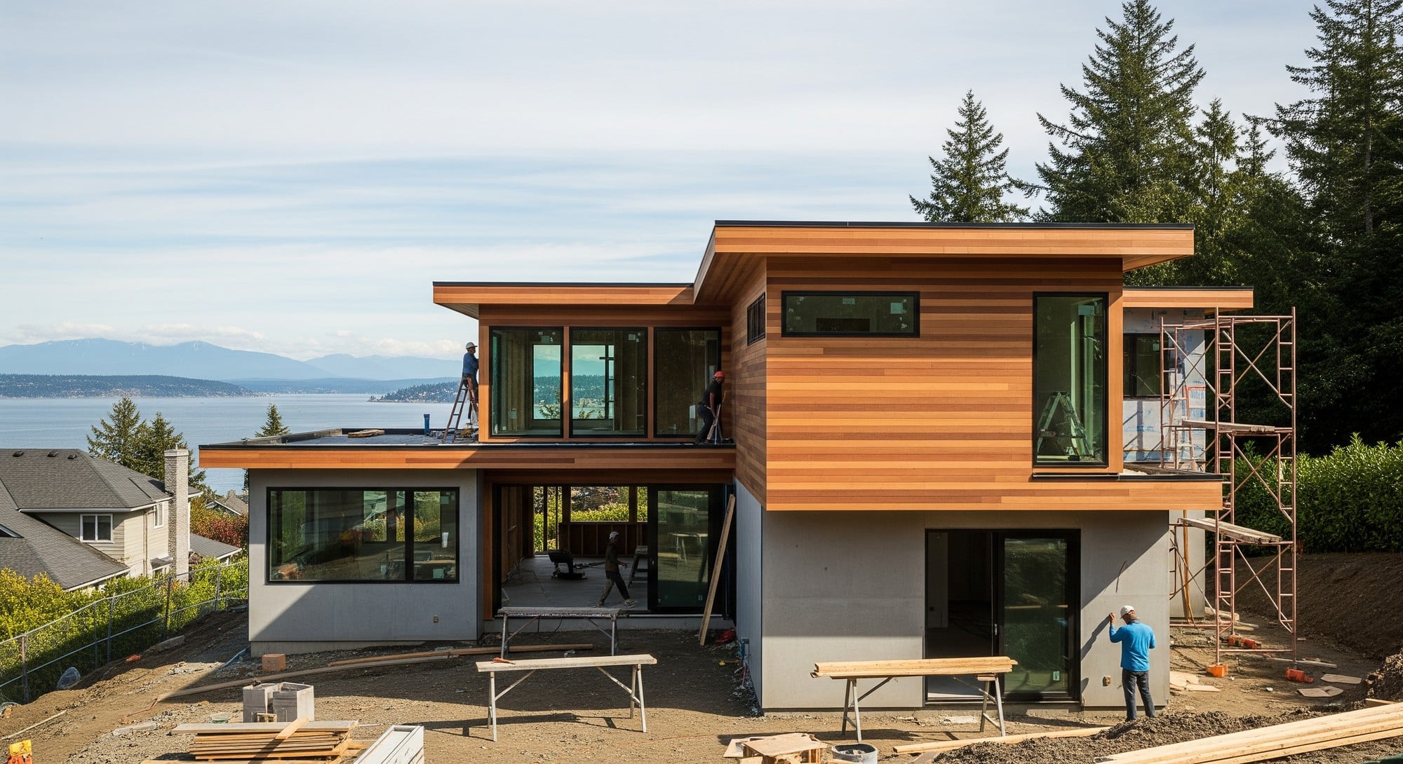 A modern custom home under construction in a Seattle neighborhood with views of the Puget Sound and mountains