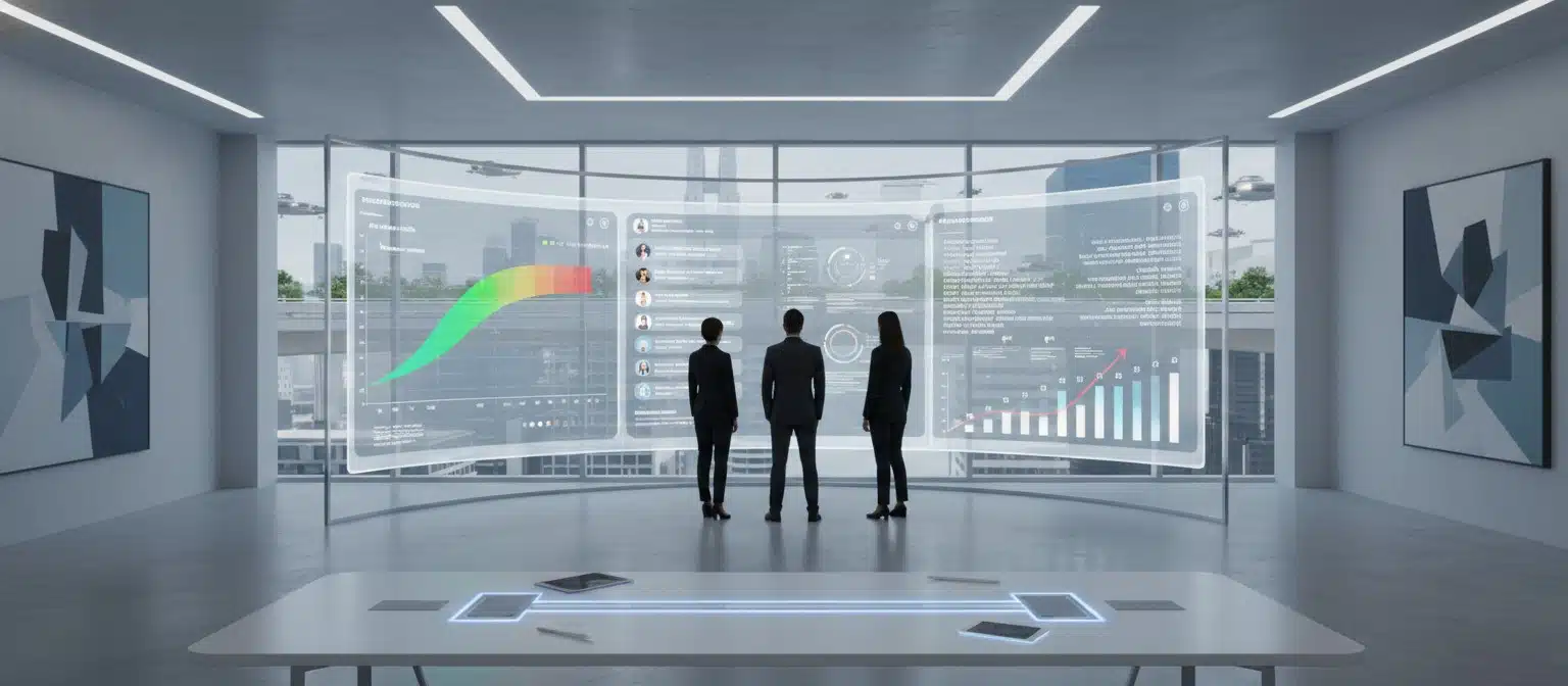 Marketing professional analyzing social listening data and sentiment trends on digital displays