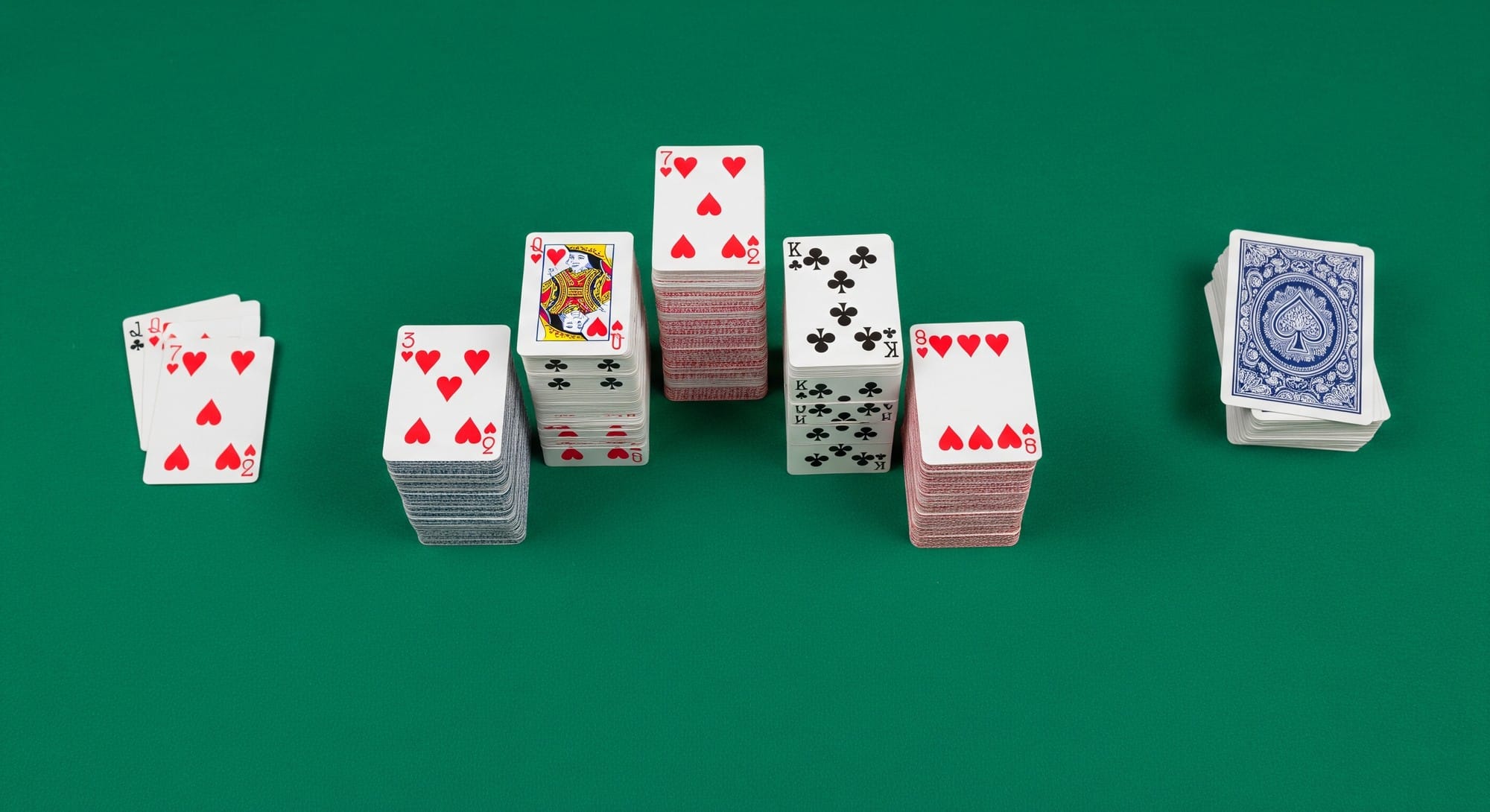 Overhead close-up of a Solitaire game in progress on green felt