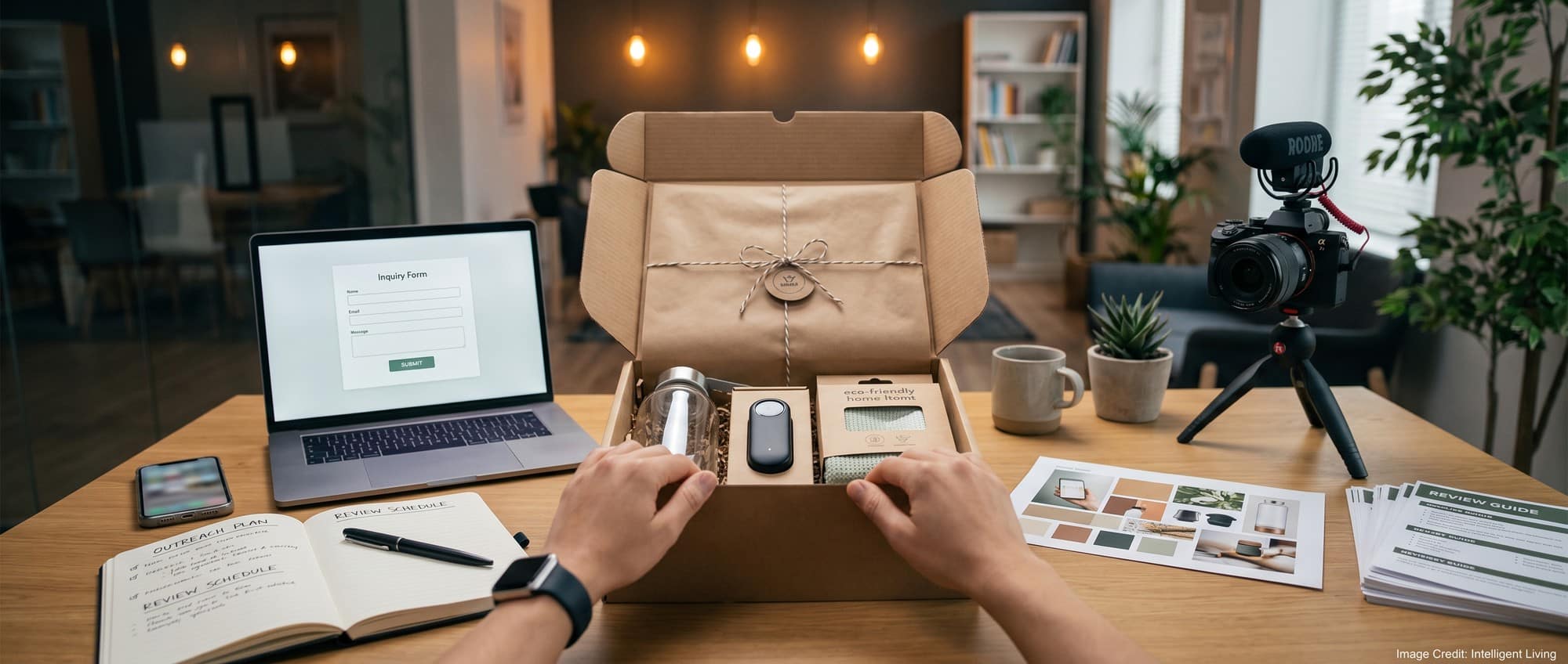 A polished brand collaboration scene with a curated product sample box, a laptop displaying a clean inquiry form, camera gear, and a professional workspace prepared for product review submissions.