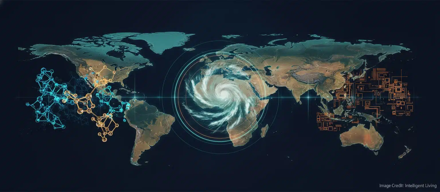 Cinematic world map glow overlay above a research-and-industry collage showing weather simulation visuals, molecular patterns, and power grid lines, conveying the global impact of exascale computing and AI-for-science.