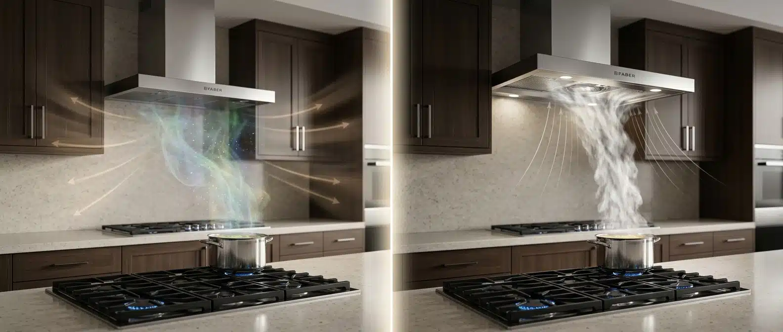 Split-scene kitchen showing a thermal plume spreading with hood off versus captured airflow with hood on, illustrating kitchen air mixing and range hood capture efficiency.