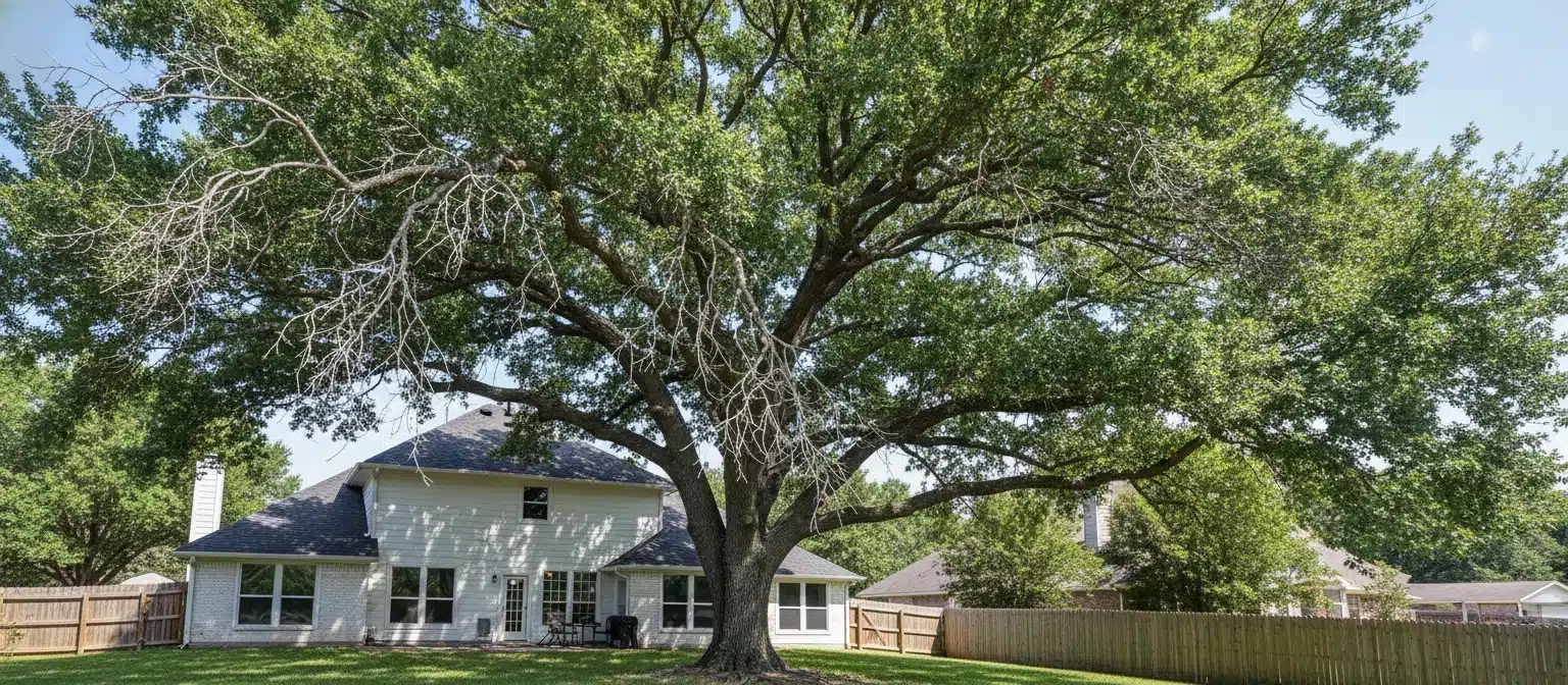 A mature tree with both healthy green foliage and dead branches, illustrating the challenge of assessing tree health