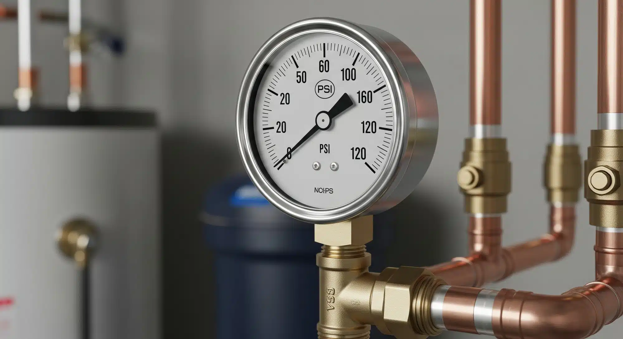 A close-up of a water pressure gauge attached to a copper pipe, showing a reading of 50 psi within the safe green zone.