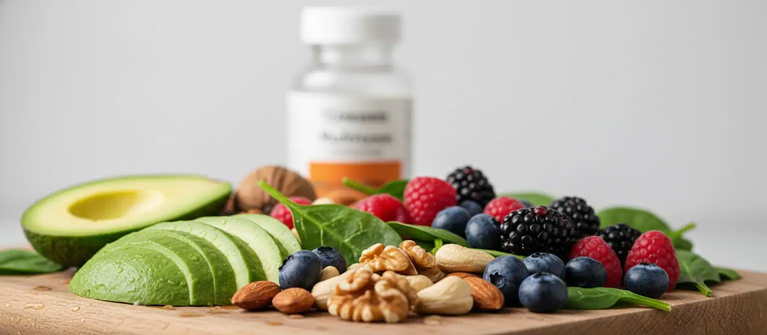Whole foods and a multivitamin bottle on a kitchen counter.