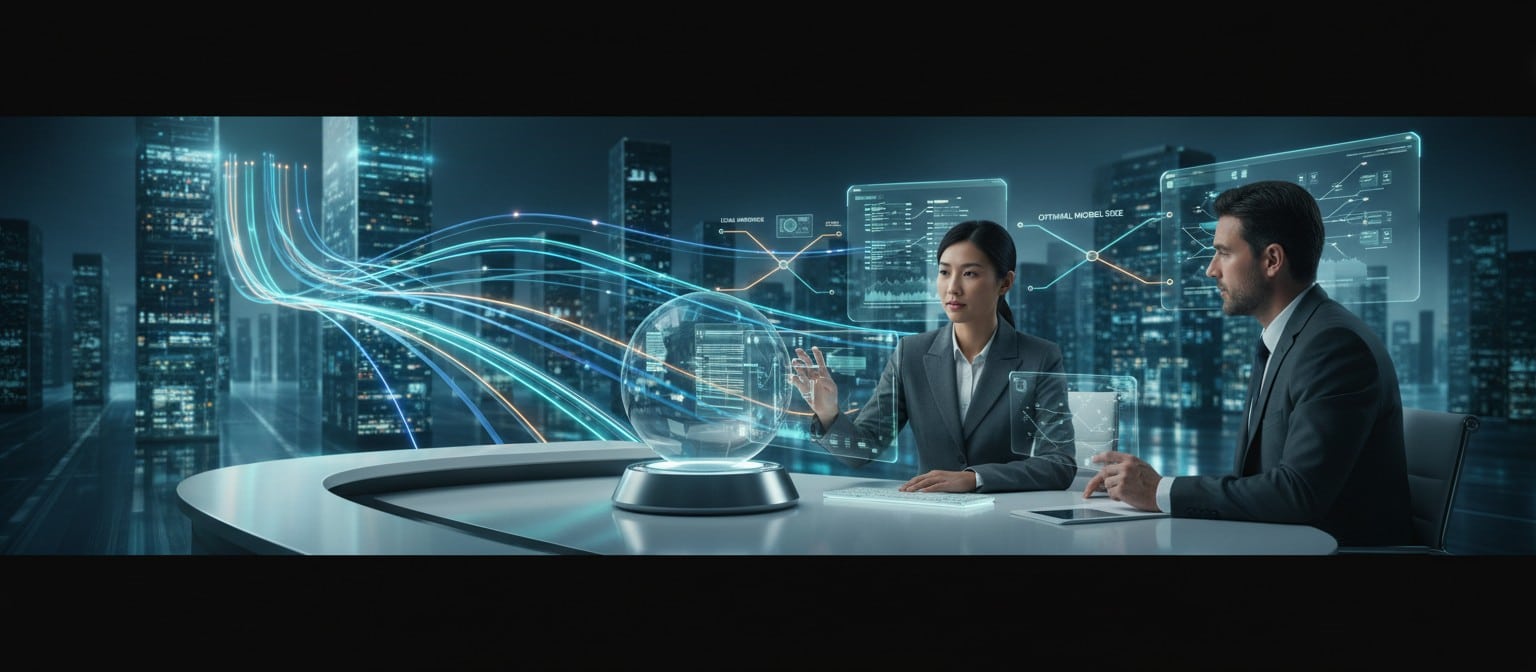 Futuristic enterprise workspace merging cloud infrastructure, local AI hardware, and flowing data, showing how right-sized AI deployment balances performance, privacy, and cost.