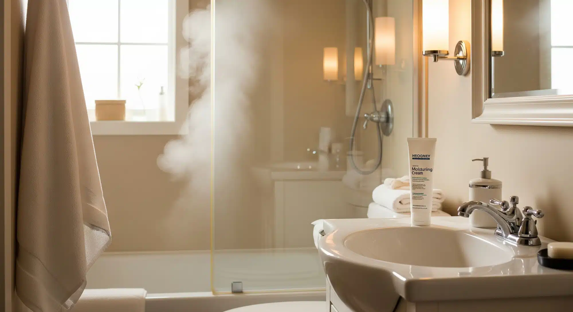 Bathroom scene with gentle lukewarm shower and moisturising products for winter skincare routine