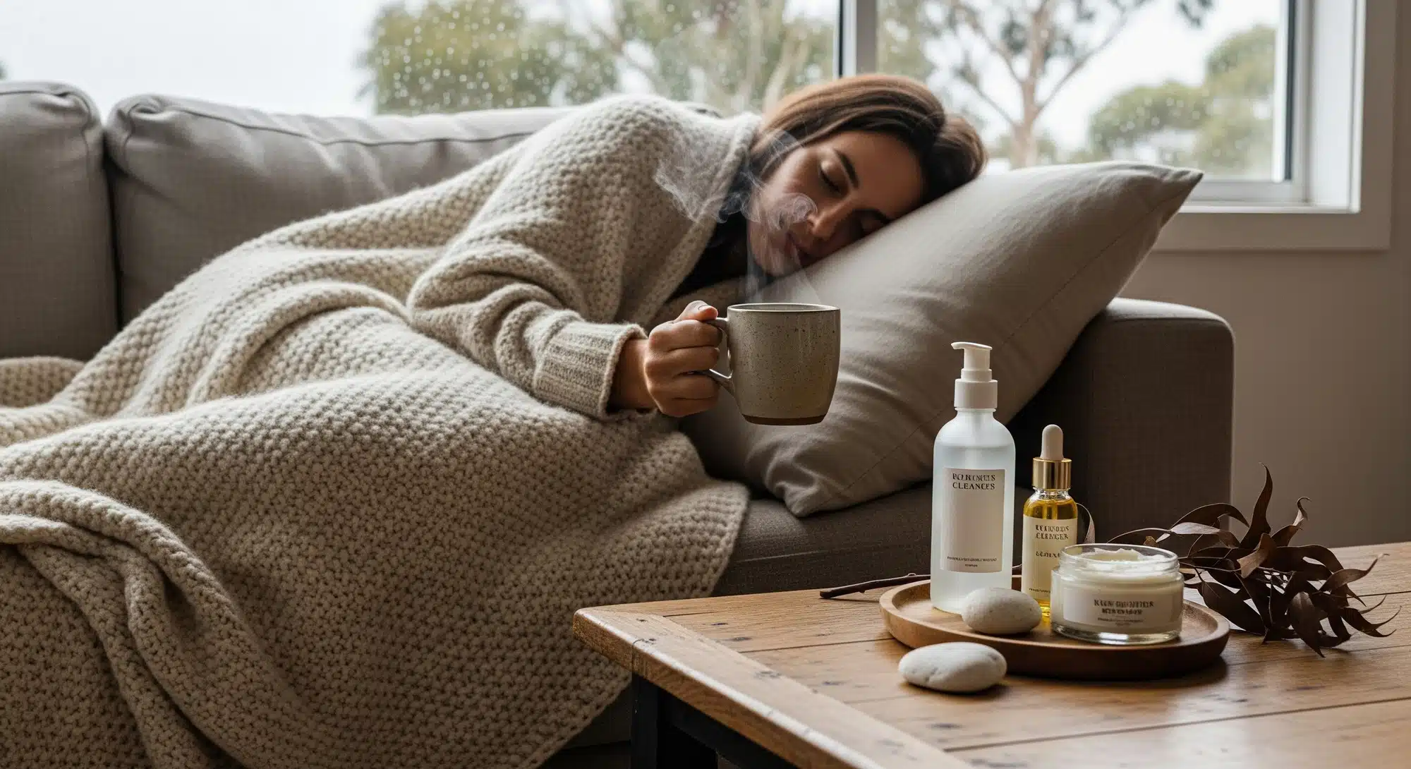 Person practising holistic winter self-care with skincare products and herbal tea in a cosy living room