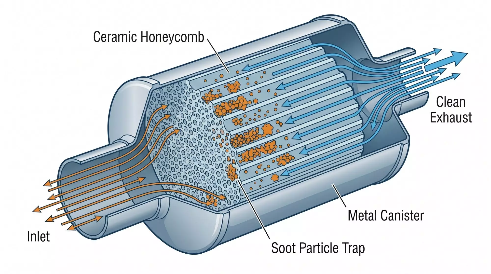 Cross-section of diesel particulate filter showing ceramic honeycomb structure