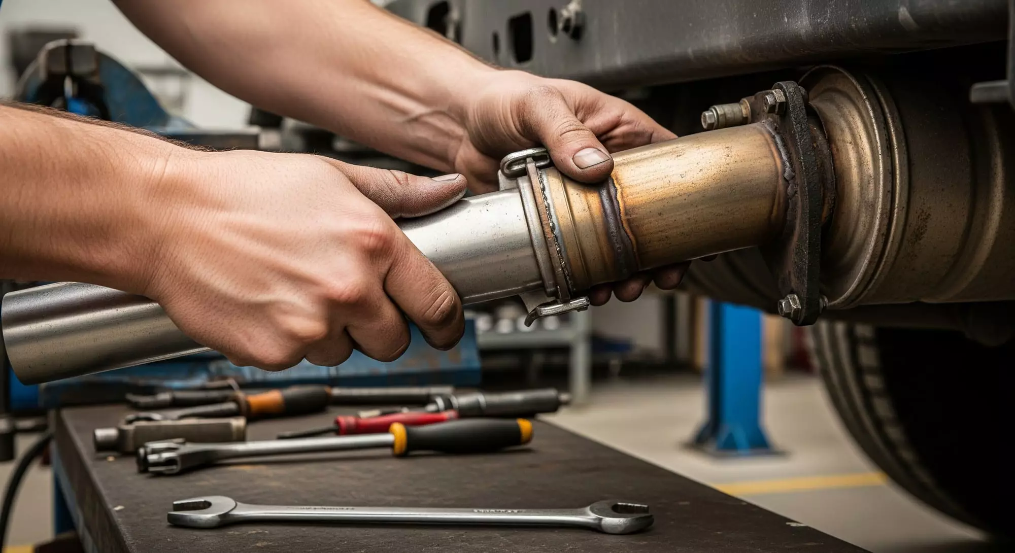 Mechanic installing DPF delete pipe on diesel truck exhaust system