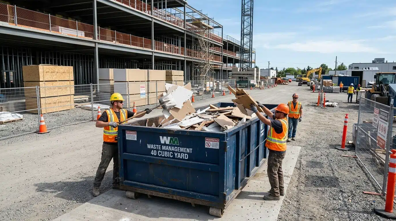 Construction workers disposing of debris into a large blue 40-yard roll-off dumpster on a clean, organized job site