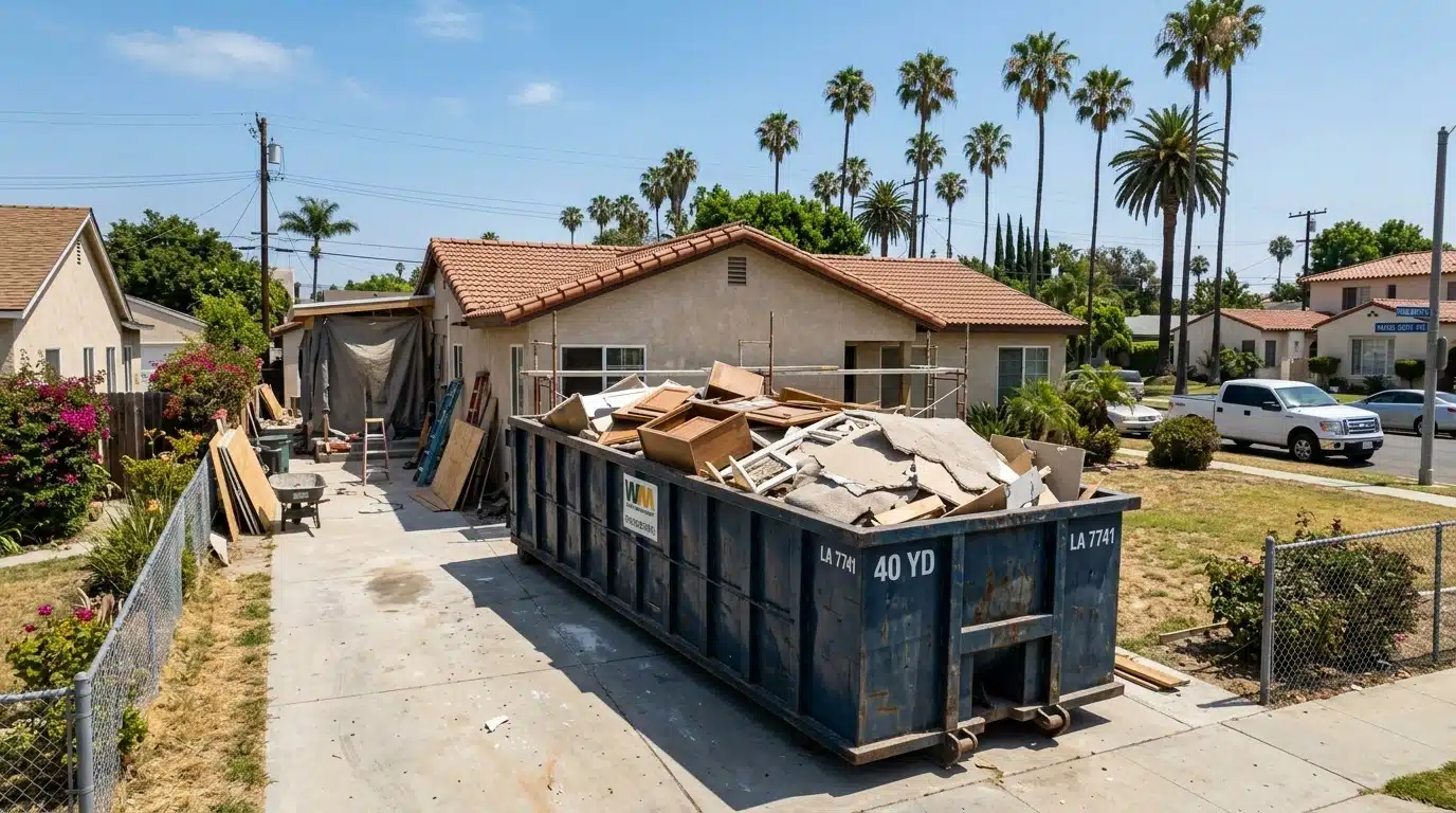A 40-yard roll-off dumpster on a residential driveway during a major home renovation in Los Angeles, with palm trees in the background