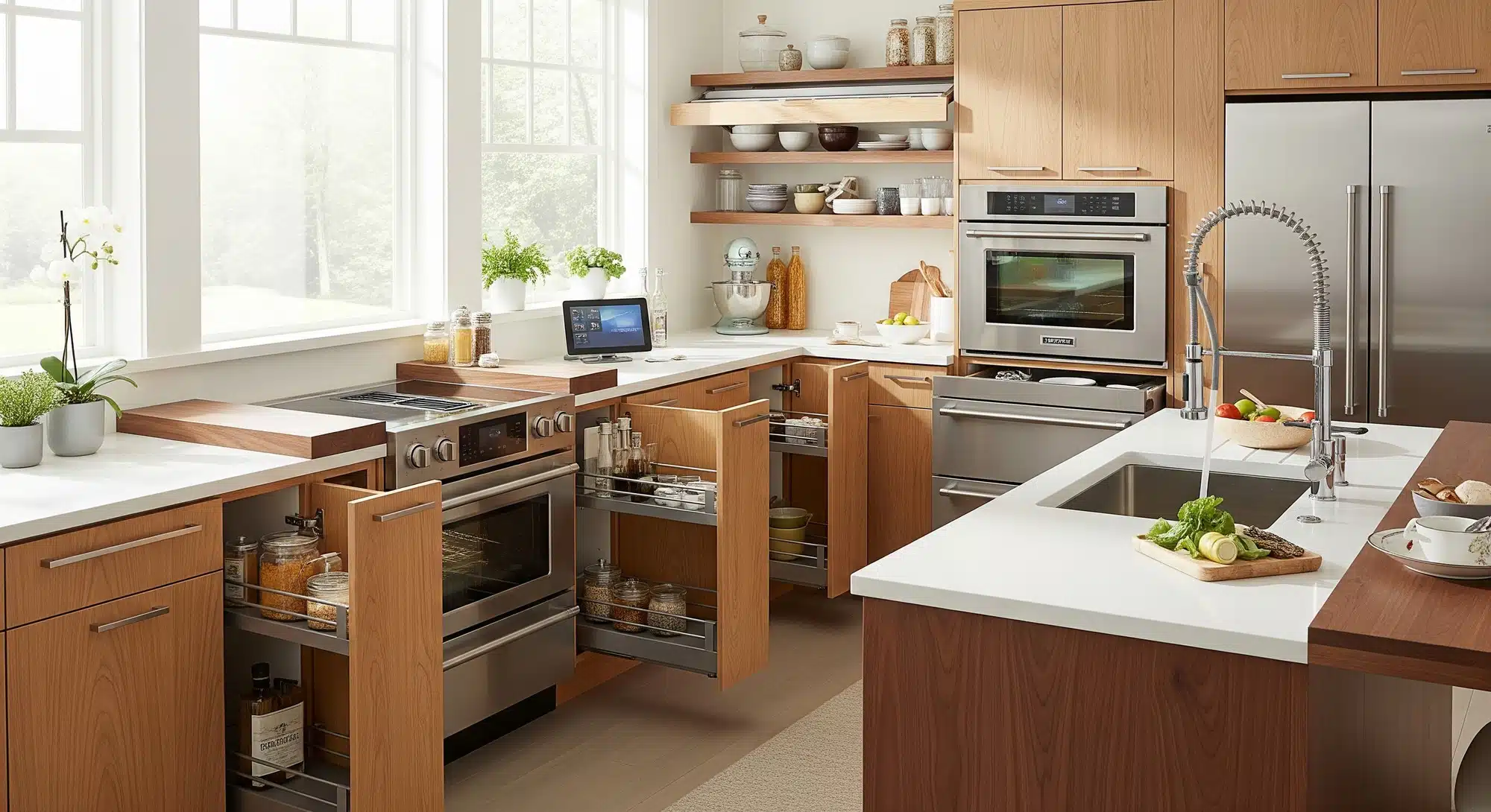 Accessible kitchen with pull-out shelves and wide clearance for mobility