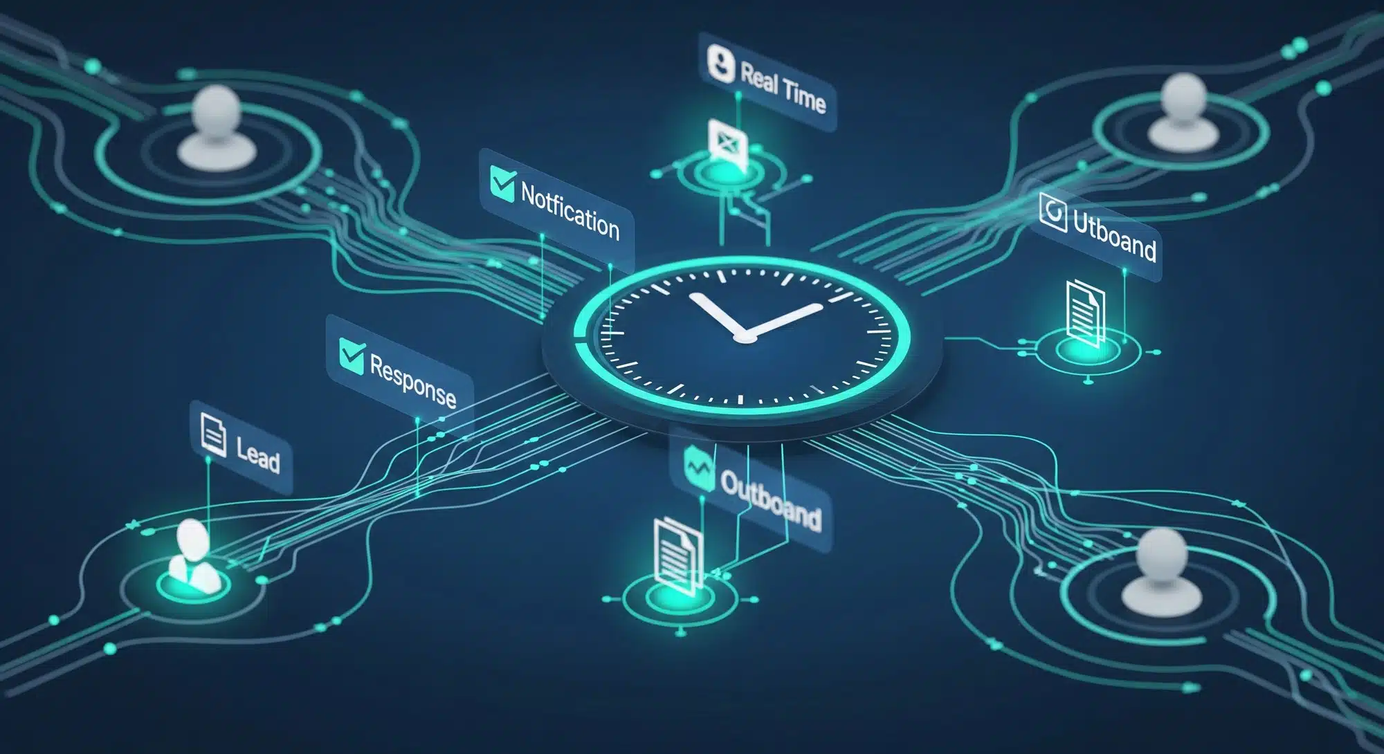 Digital dashboard illustrating automated lead follow-up with real-time response indicators and data streams