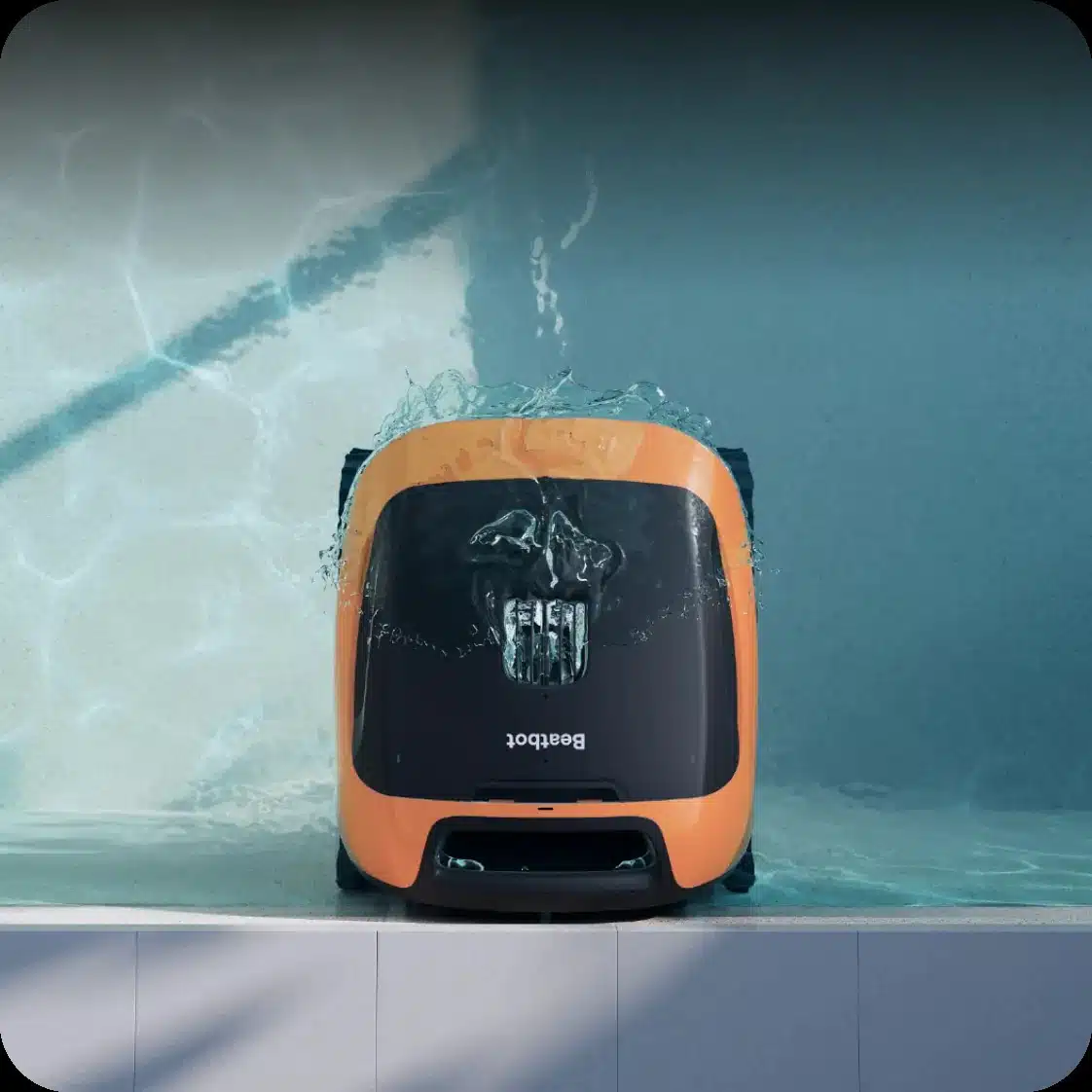 A Beatbot pool cleaner submerged in sparkling blue water, with water splashing over its top.