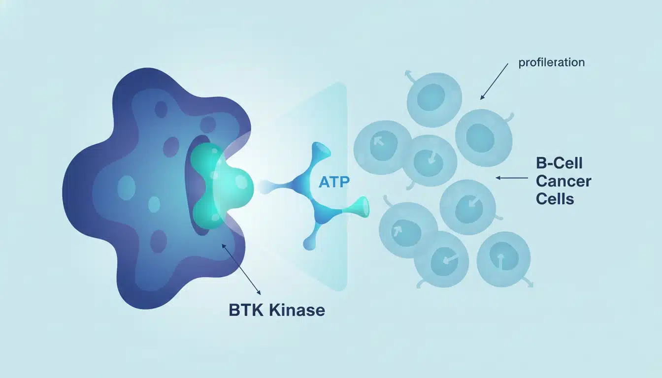 Molecular illustration of BTK protein inhibition mechanism in targeted cancer therapy