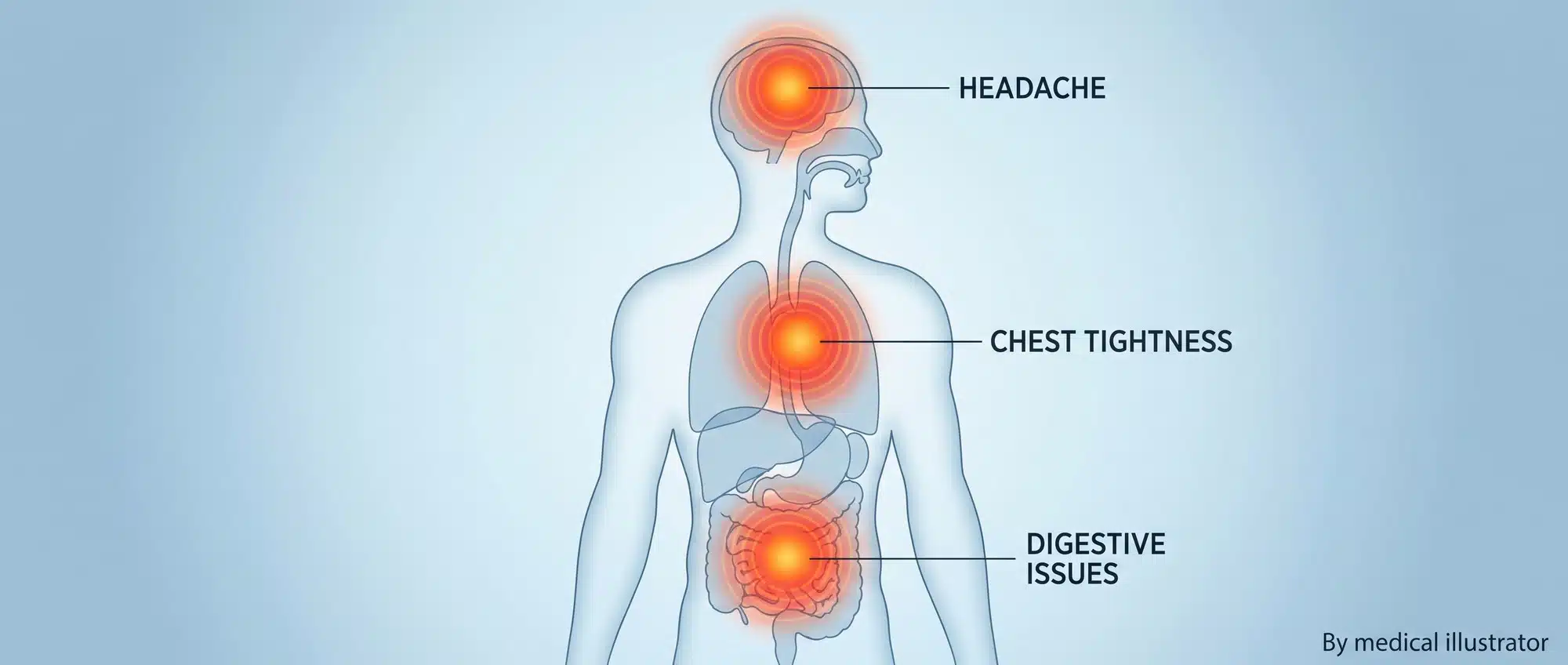 Human body illustration showing physical stress symptoms from caregiving burnout