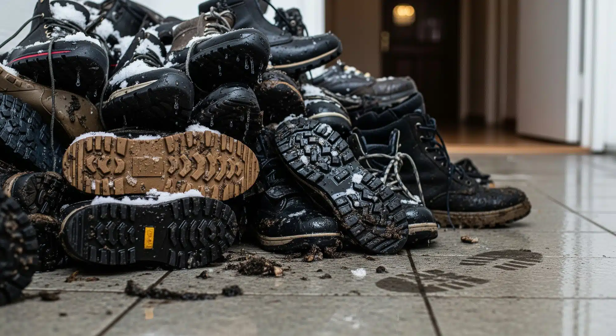 A messy pile of wet and muddy winter boots on a tiled floor.