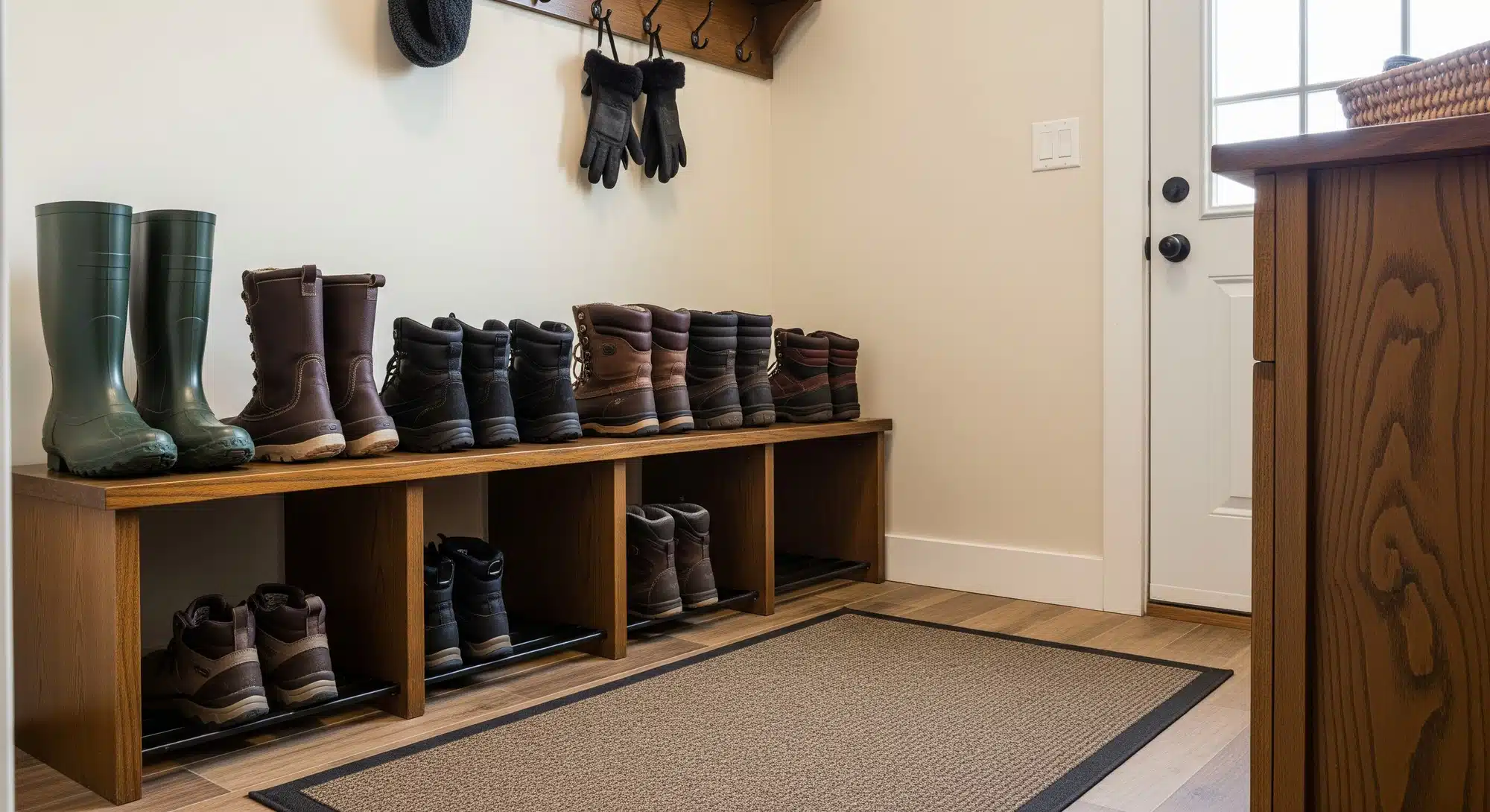 Clean and dry winter boots organized in a mudroom.