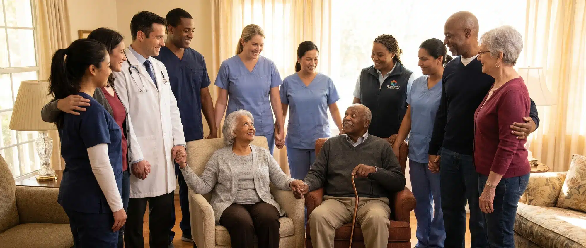 Community healthcare workers and caregivers supporting seniors at home