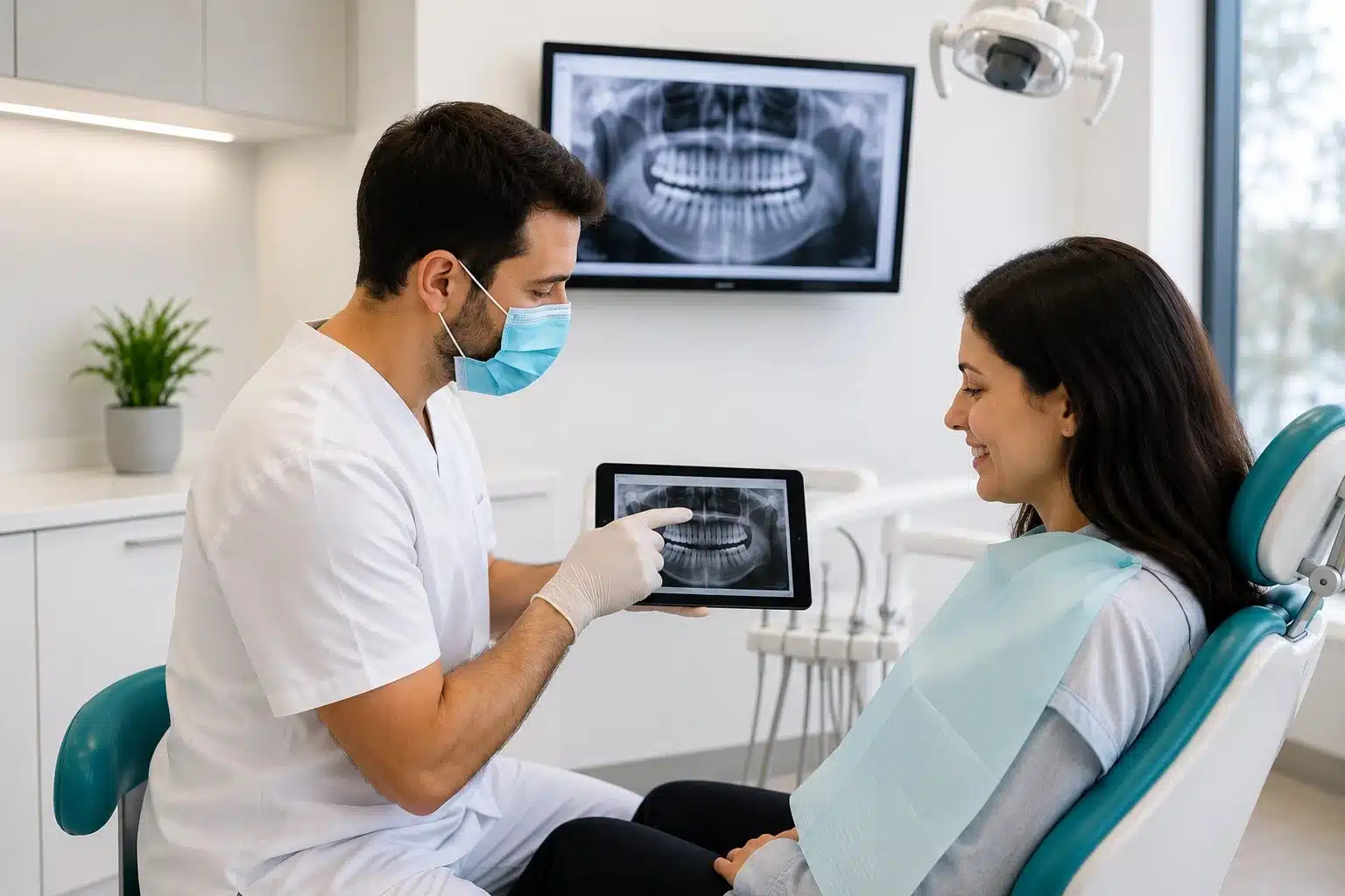 A dentist wearing a mask and gloves points to a dental X-ray on a tablet held by a patient in a dental chair. Another dental X-ray is displayed on a monitor in the background.
