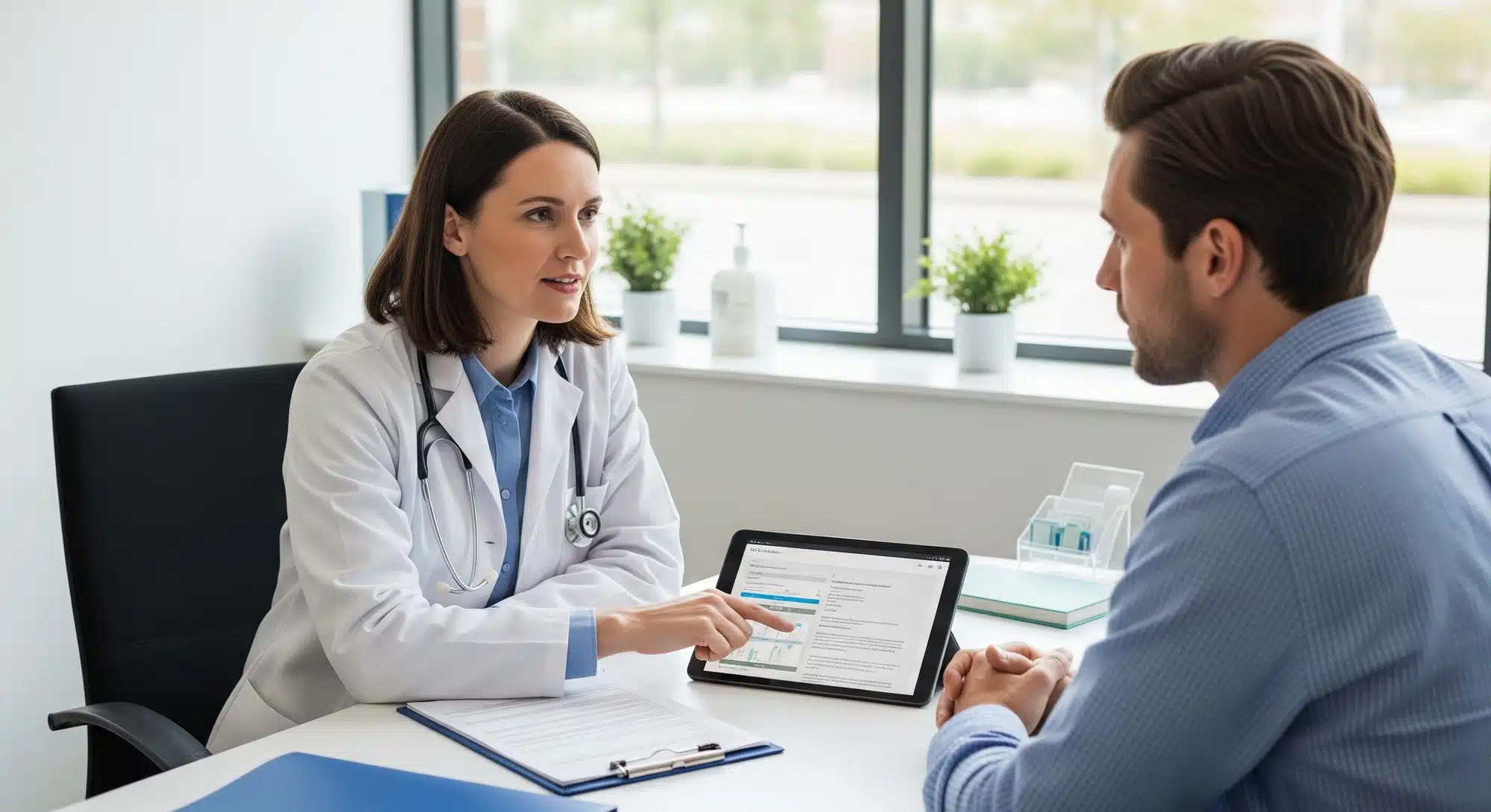 Doctor consulting with patient about expanded access treatment options in a modern clinic