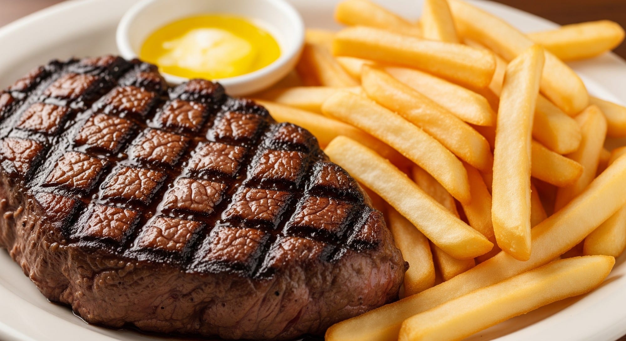 A high-fat meal consisting of a steak, greasy fries, and butter, illustrating the types of food that slow sildenafil absorption.