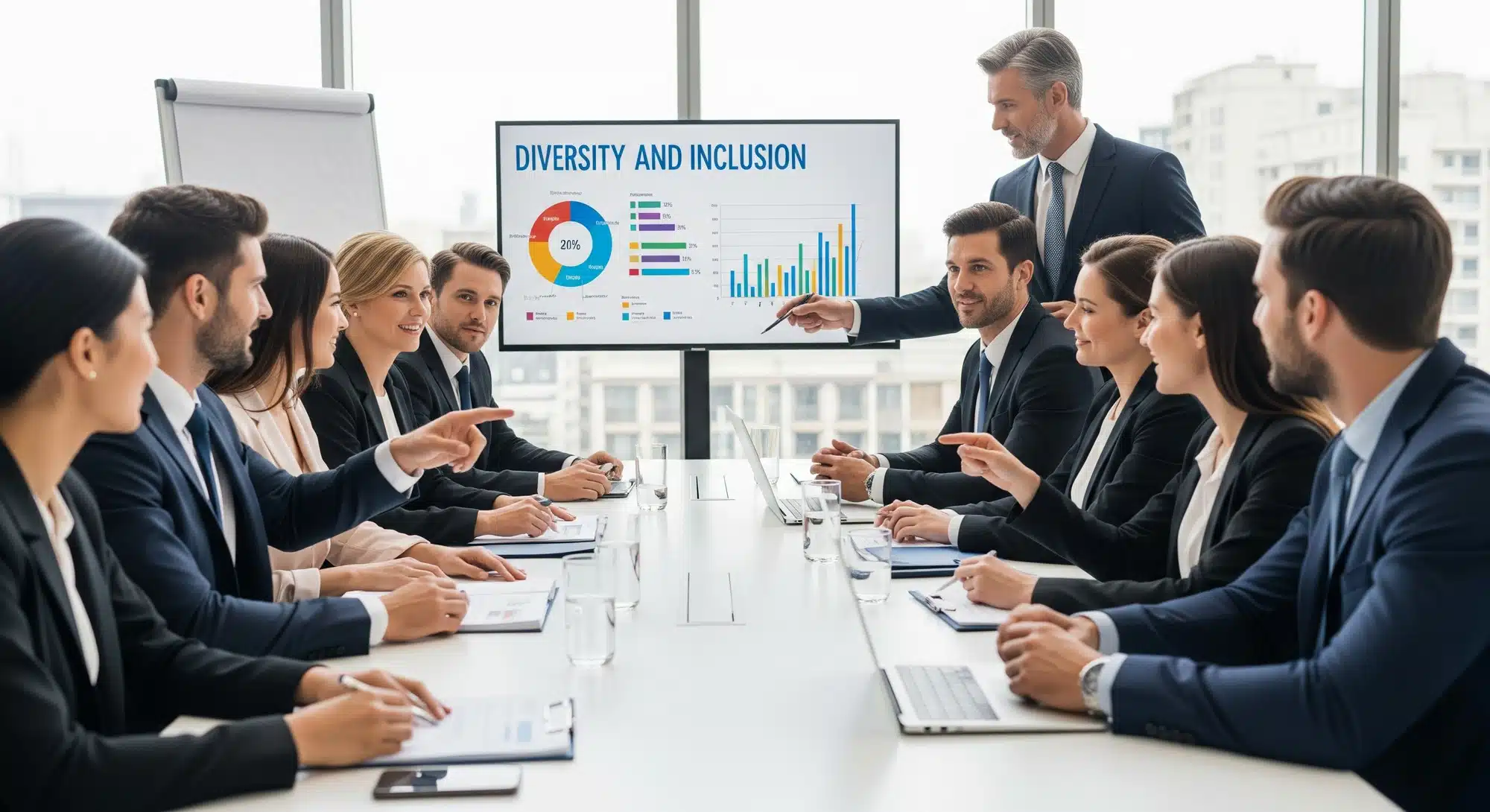 Diverse business leaders collaborating in an inclusive workplace meeting