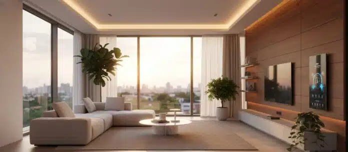 Modern intelligent home living room with integrated smart lighting and minimalist design