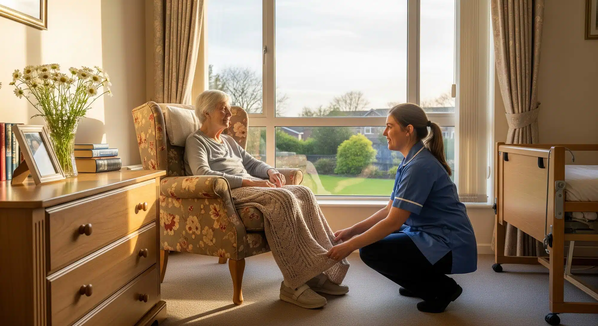 Compassionate caregiver attending to an elderly resident in a bright nursing home room