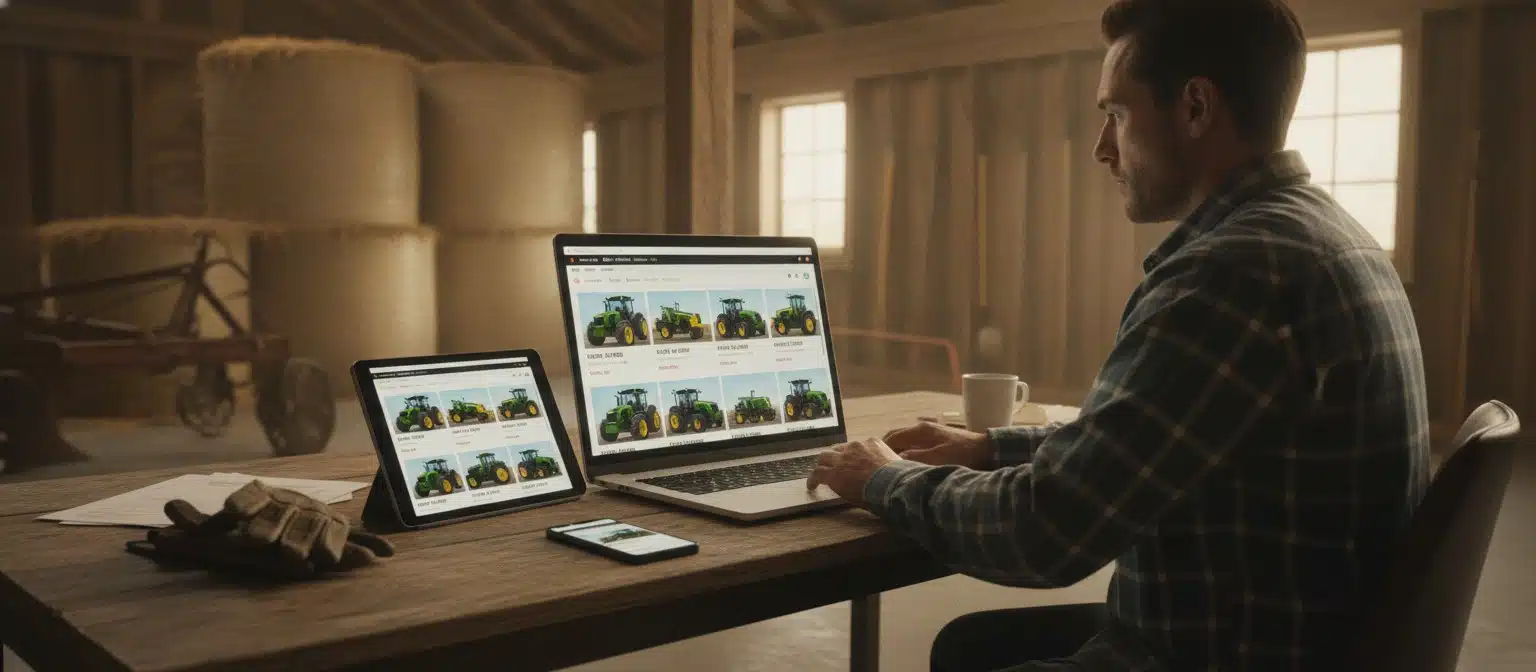 Farmer participating in an online farm equipment auction via laptop in a barn