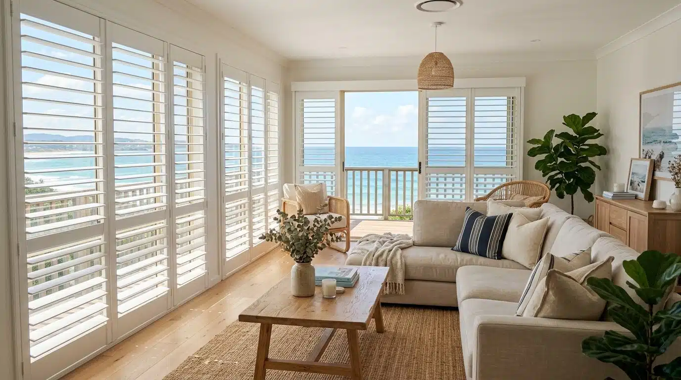 Plantation Shutters in Newcastle: What Homeowners Should Know Bright coastal living room with white plantation shutters filtering natural sunlight