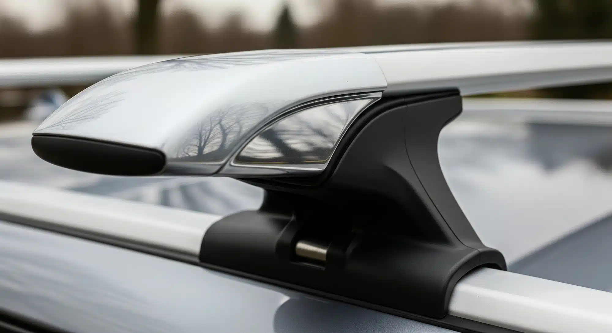 Close-up of aerodynamic aluminium roof rack crossbar showing modern engineering design