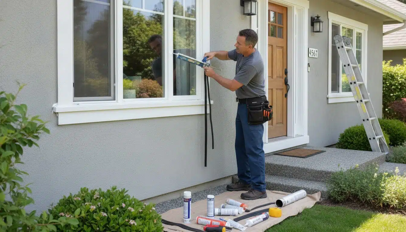 Homeowner sealing entry points to prevent seasonal pest invasions