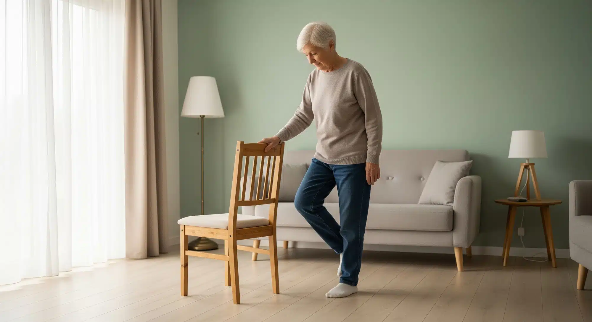 Senior performing balance exercise at home holding a chair for support