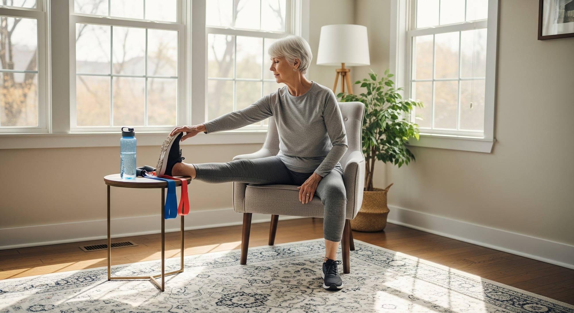 Senior woman doing gentle stretching exercise in a safe, well-lit home environment