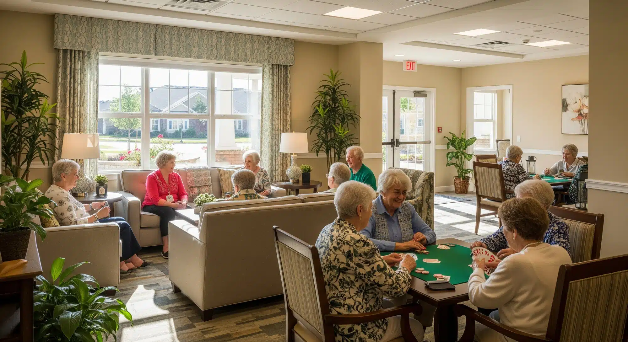 Seniors enjoying social activities in a bright, welcoming senior living community common area