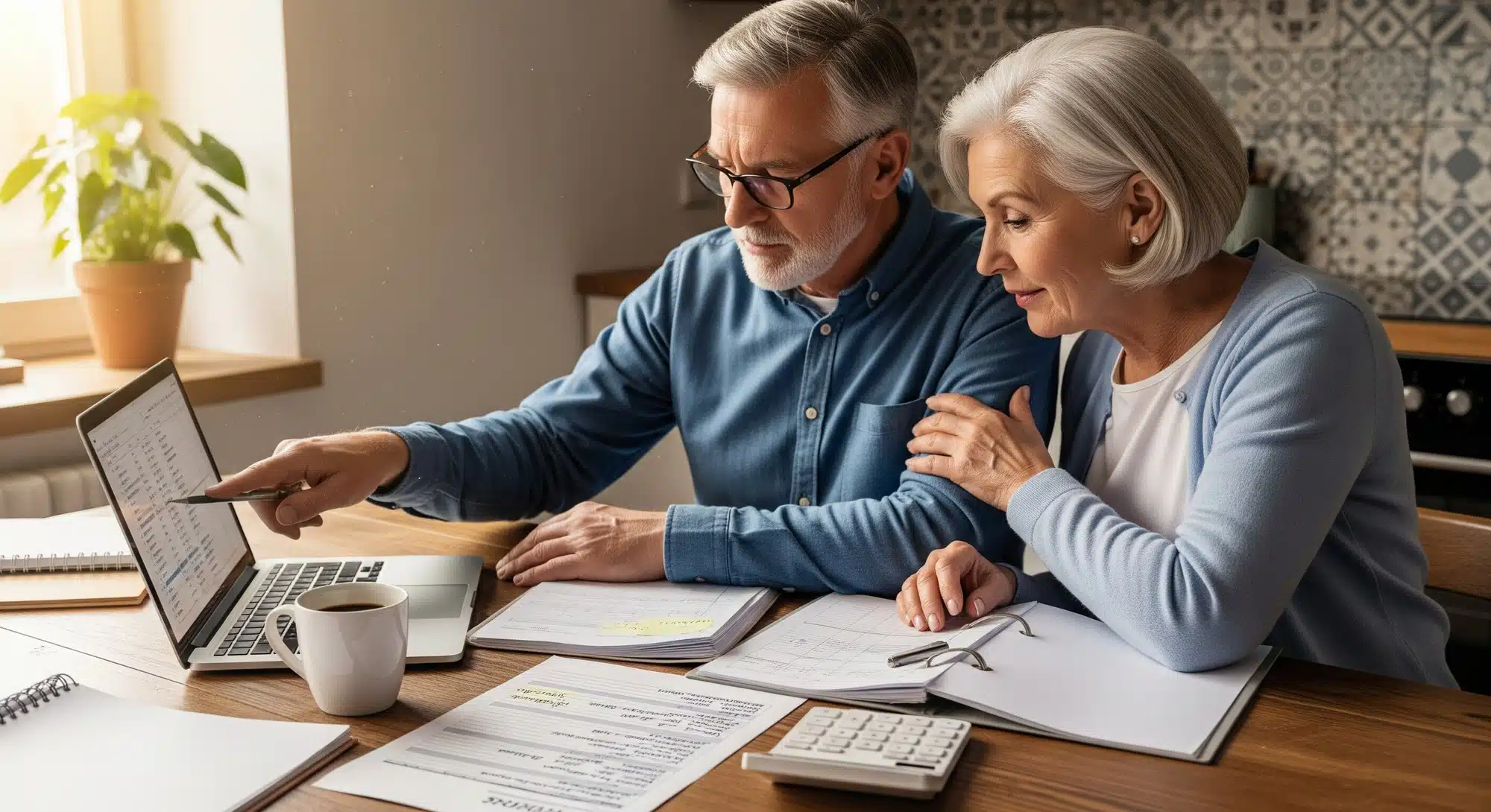 Senior couple reviewing financial documents and budgeting together at a kitchen table