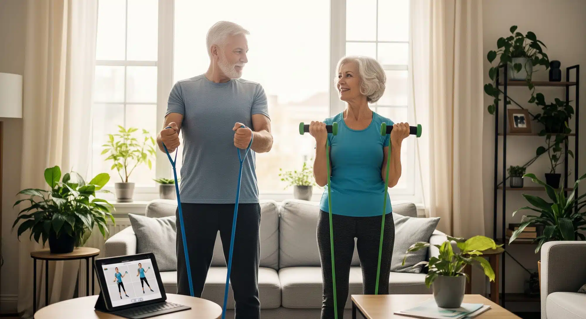 Senior couple using resistance bands for strength training at home with fitness app guidance