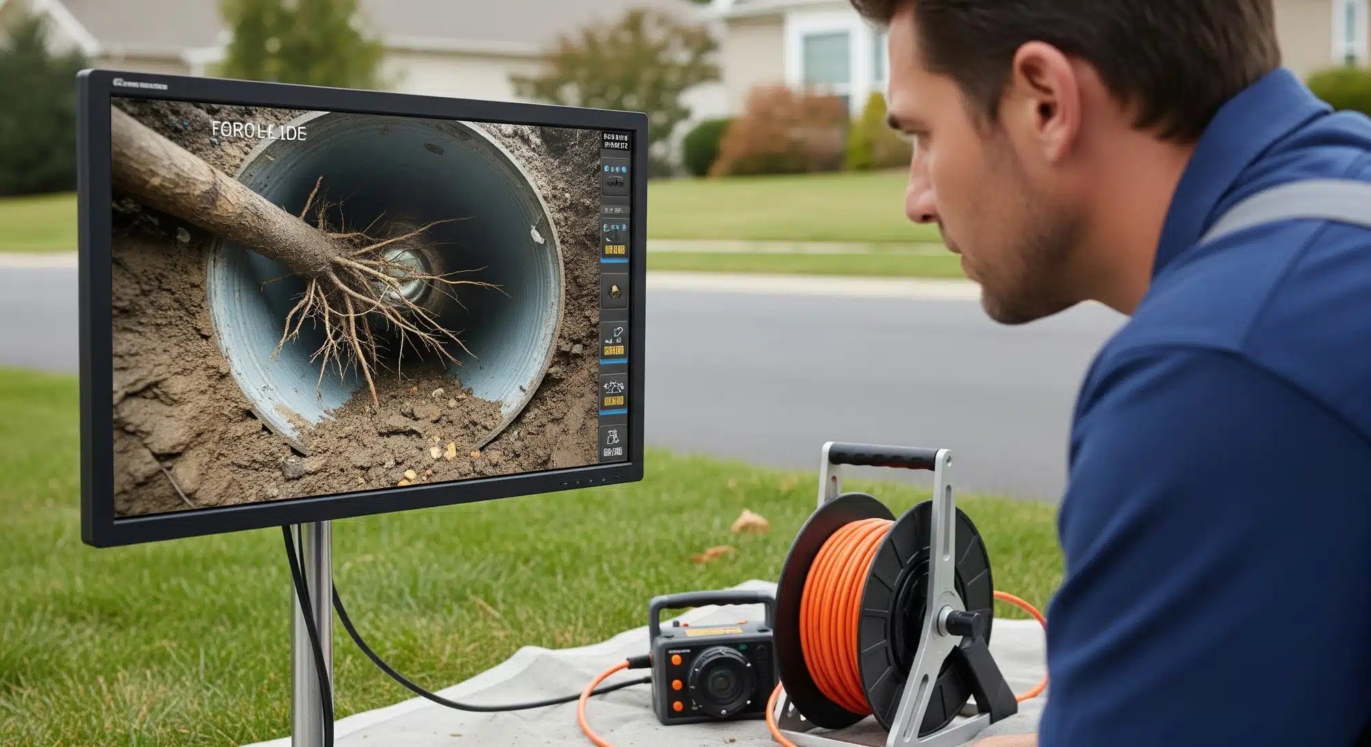 A professional plumber conducting a sewer camera inspection to identify blockages and root intrusion in underground sewer pipes.