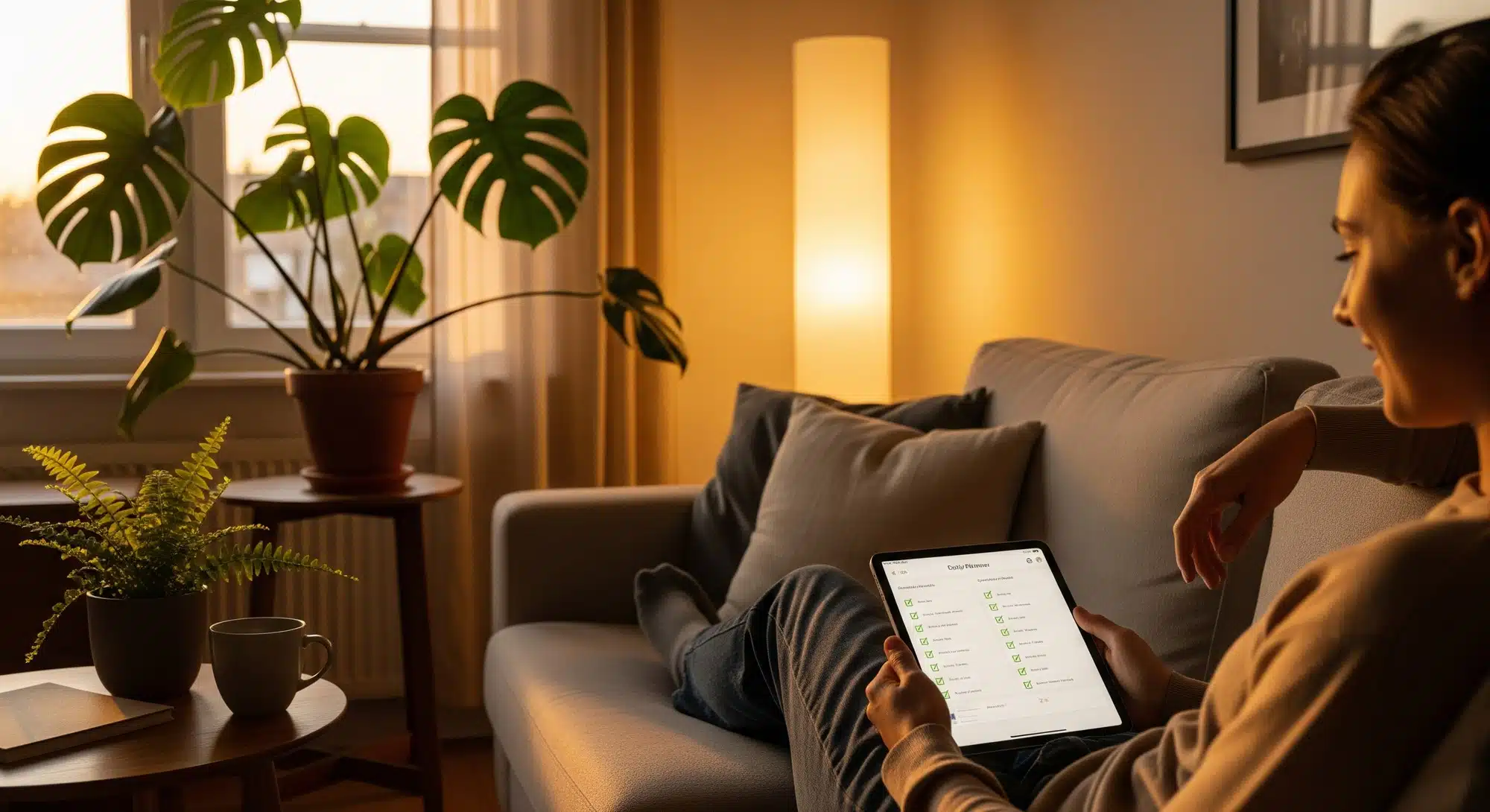 Person feeling at ease using smart living AI tools to simplify daily life at home