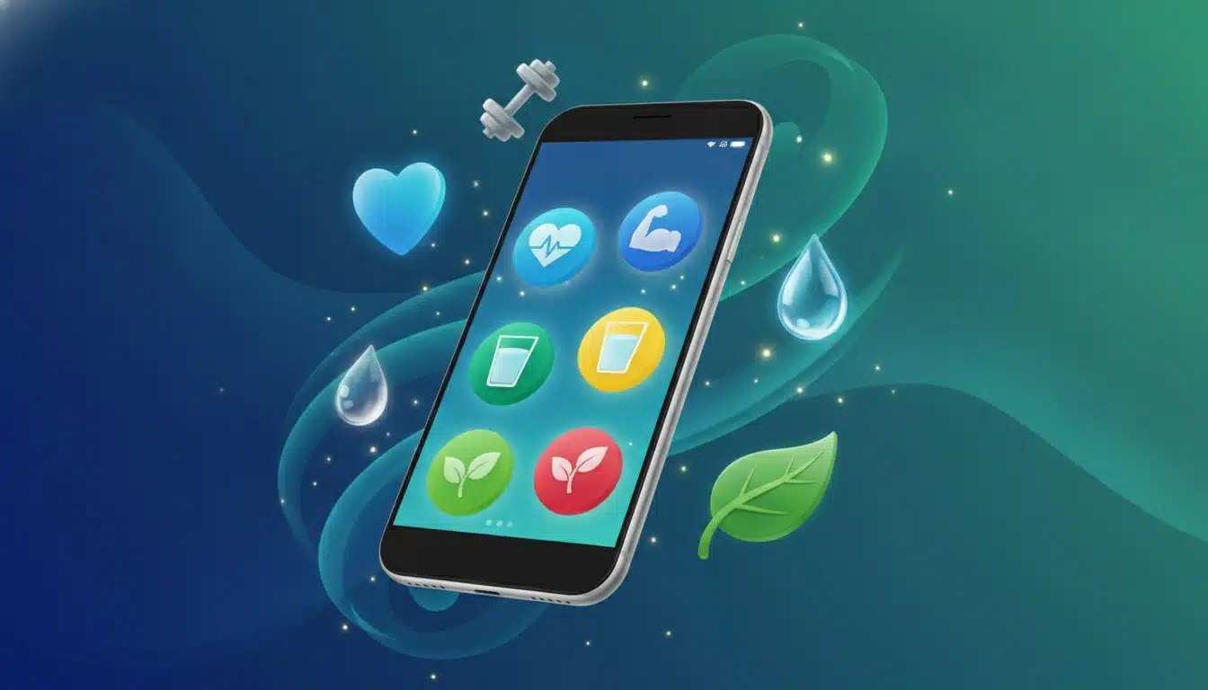 Smartphone displaying health and fitness apps surrounded by wellness symbols representing social media health promotion