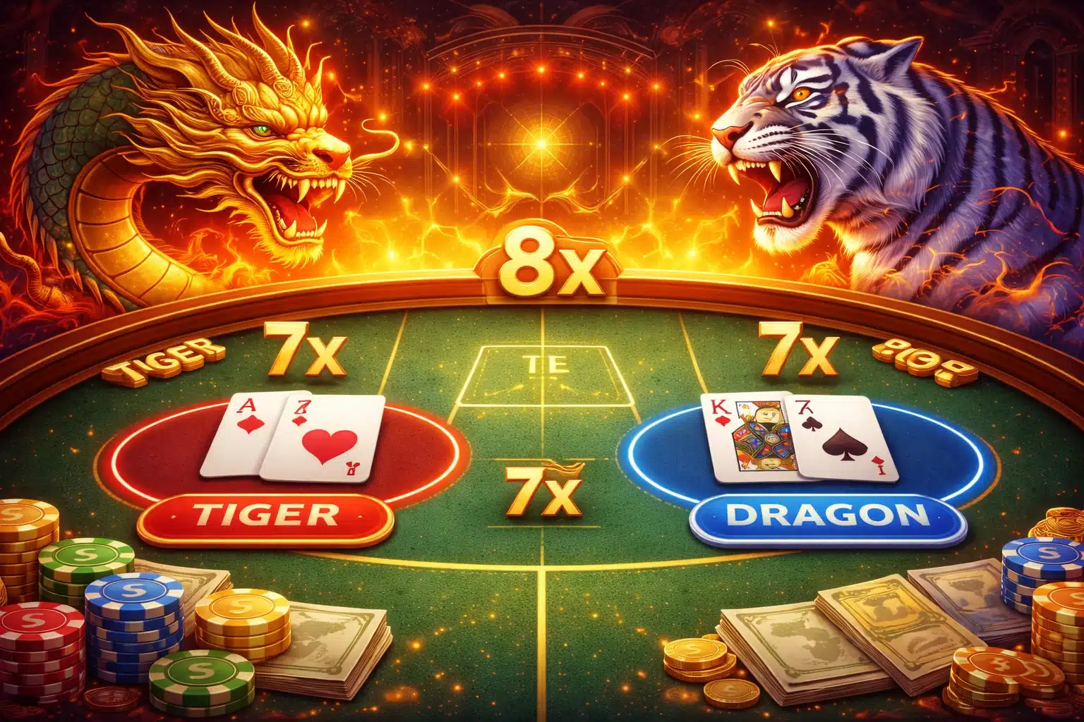 A digital illustration of a Tiger Dragon card game table with a dragon on the left and a tiger on the right, with cards and chips on the table.