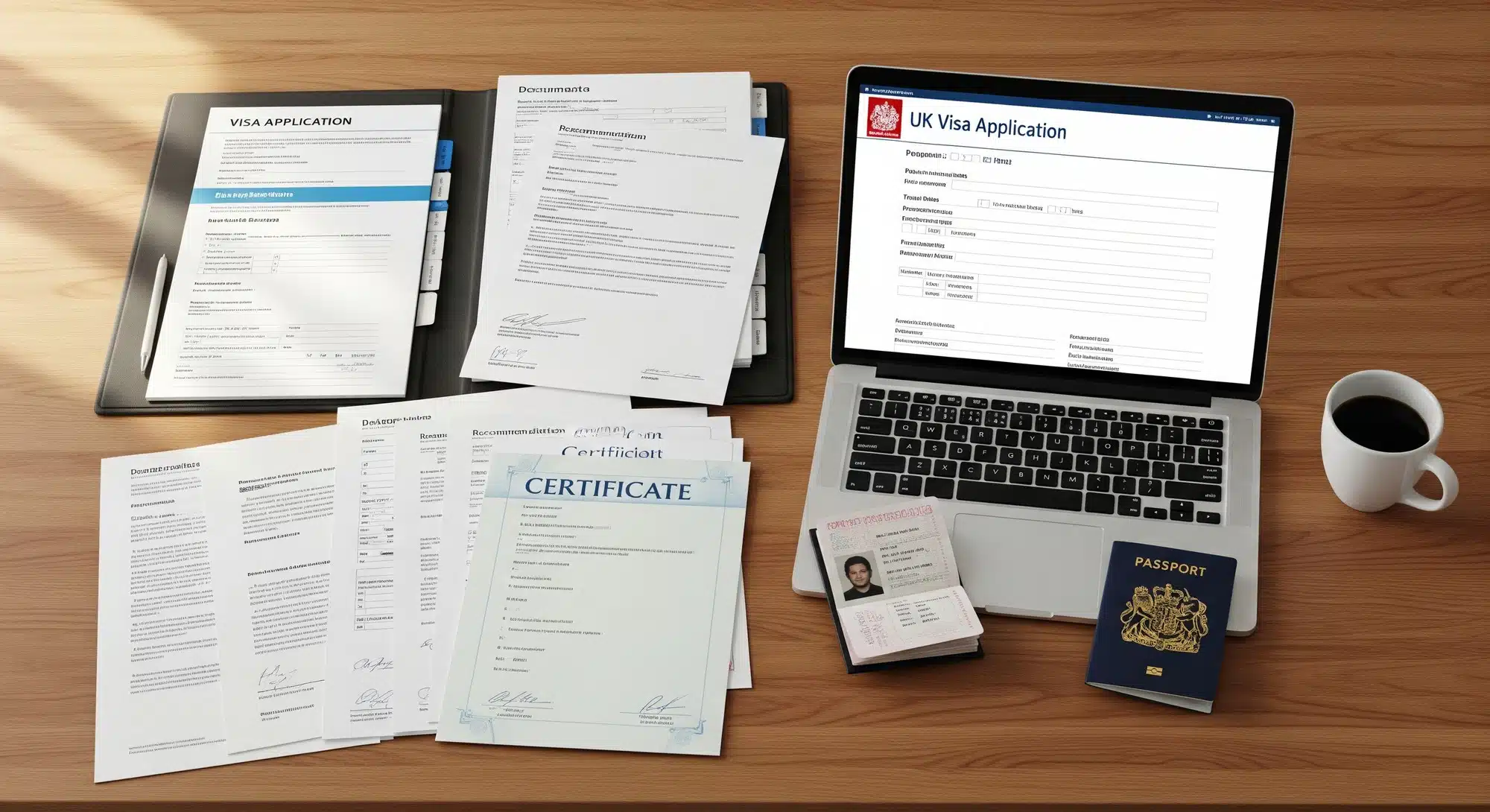 Organised visa application portfolio with supporting documents and recommendation letters for a UK Global Talent Visa application