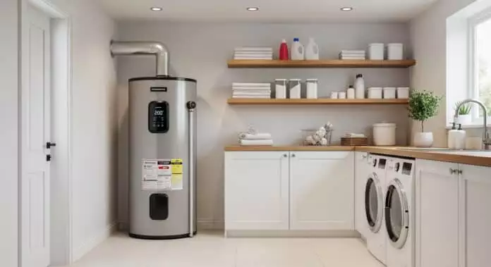 Modern energy-efficient water heater in a clean home utility room