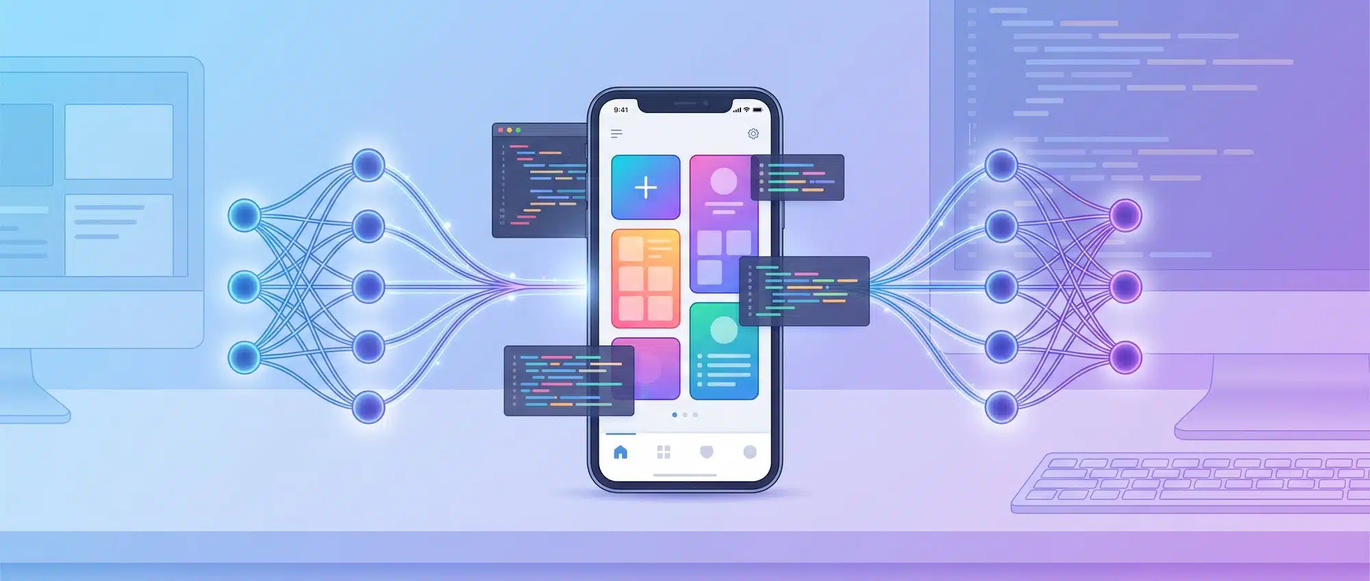 AI-powered no-code mobile app builder creating an Android application on a smartphone